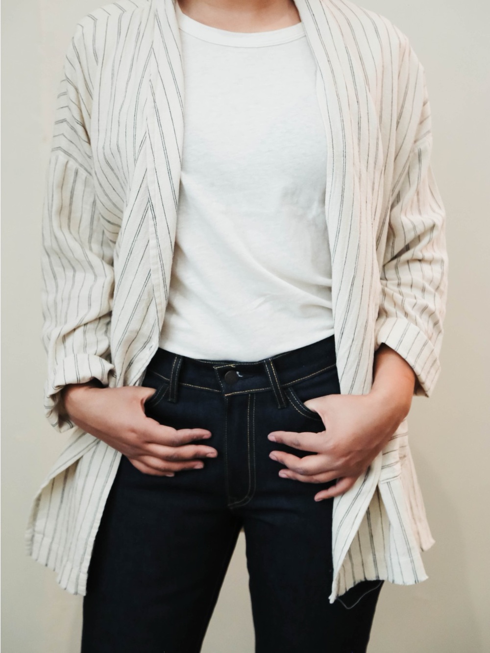 American Vintage Cream Striped Open-Front Cardigan